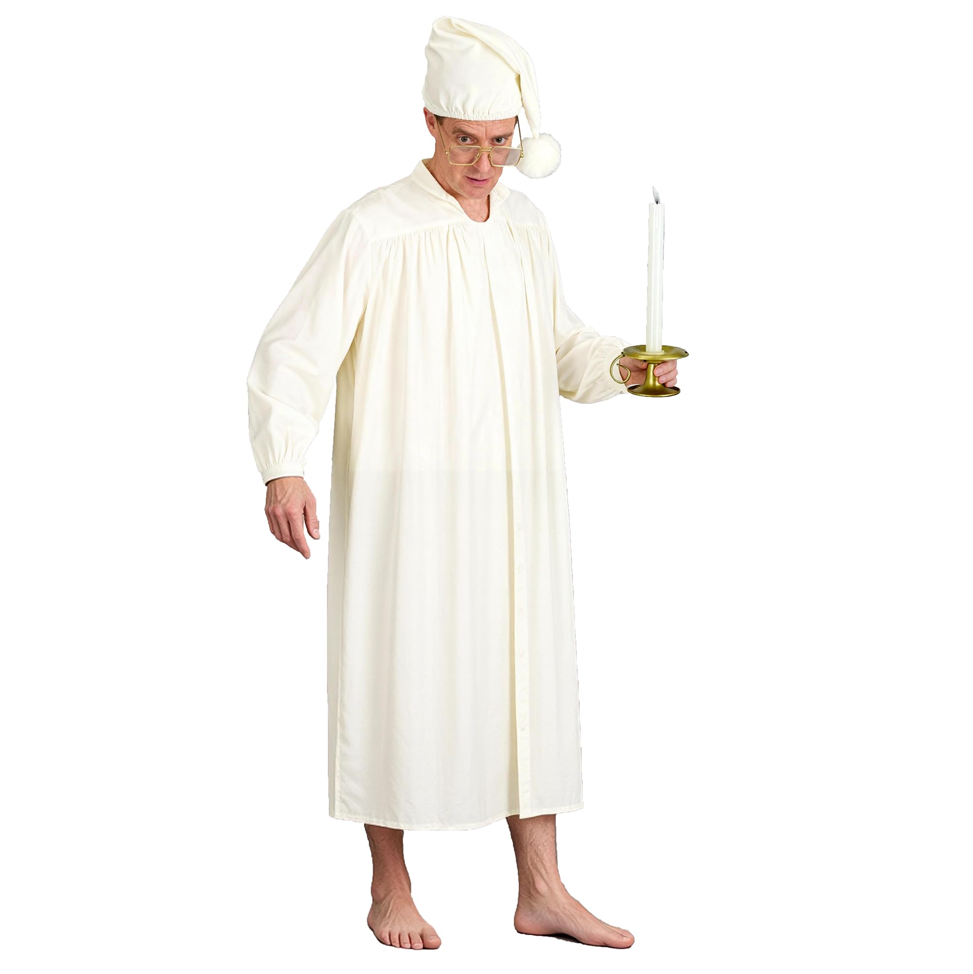 Voslett 5 Pcs Men Scrooge Costume Pajama Hat Glasses Candle Holder Halloween Christmas Carnival World Book Day Outfit Beige XS — image 1