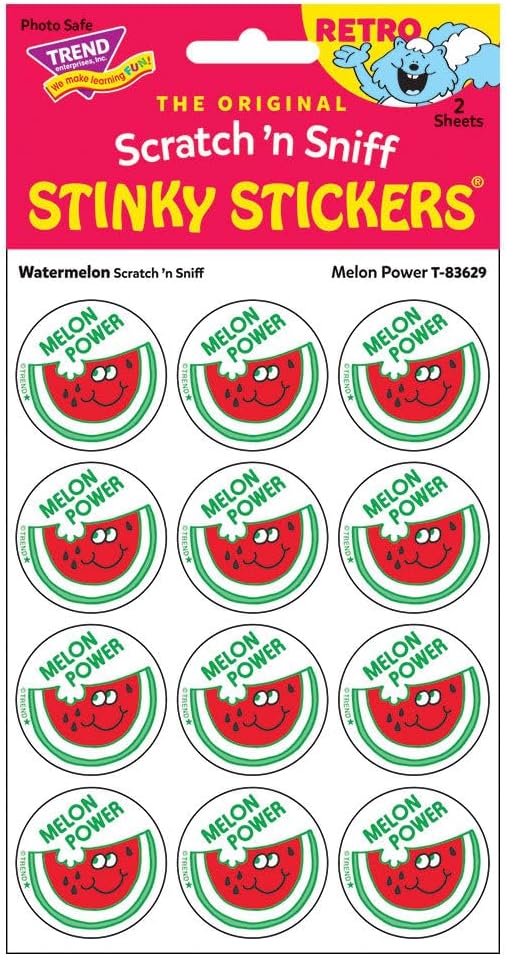 Melon Power/Watermelon Scent Scratch 'n Sniff Retro Stinky Stickers by TREND; 24 Seals/Pack - Authentic 1980s Designs!