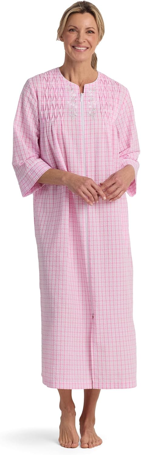 Miss Elaine Long Seersucker Women's Robe, Pockets and Zipper with Front Embroidered Trim, Sleepwear & Loungewear