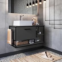 Gabinete Suspenso para Banheiro 80cm com Cuba Placa e Ponto Preto/grafite