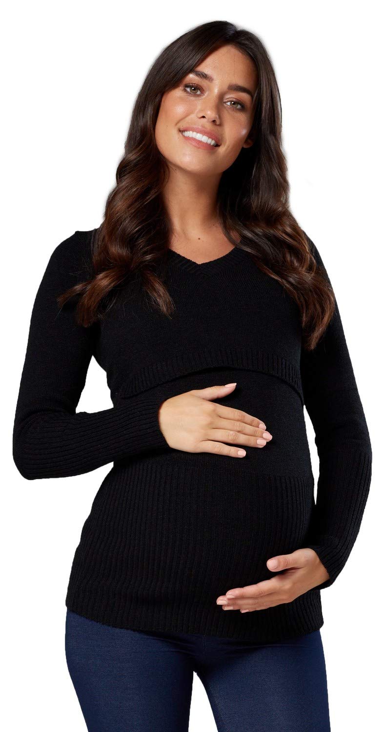 Happy Mama.Premaman L'Allattamento al Seno Maglione Manica Lunga V Collo.454p (Nero, IT 44/46, L/XL)