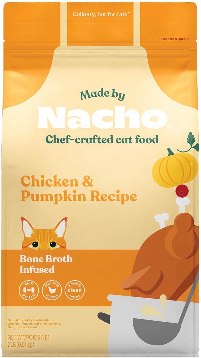 Made by Nacho Bone Broth Infused Dry Cat Kibble - Cage-Free Chicken & Pumpkin Recipe - Premium Grain-Friendly Cat Food 2lb Bag, Limited Ingredients