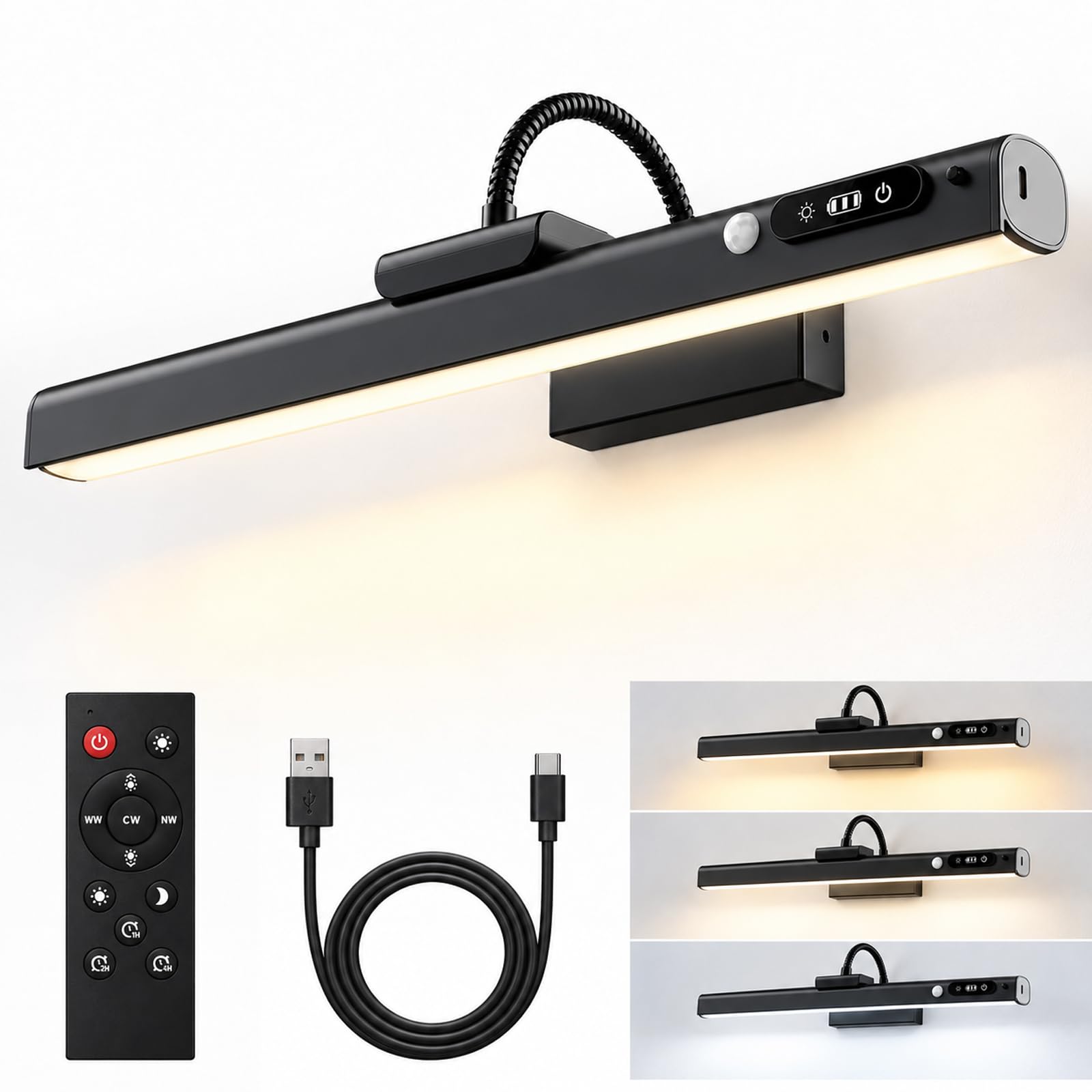 KoolShiro Rechargeable Picture Lights for Wall with Motion Sensor, 7800mAh Battery Wall Light, Dimmable 3 Colour Temperatures, Remote Control, 3 Timer Modes, Magnetic LED Art Light, Black