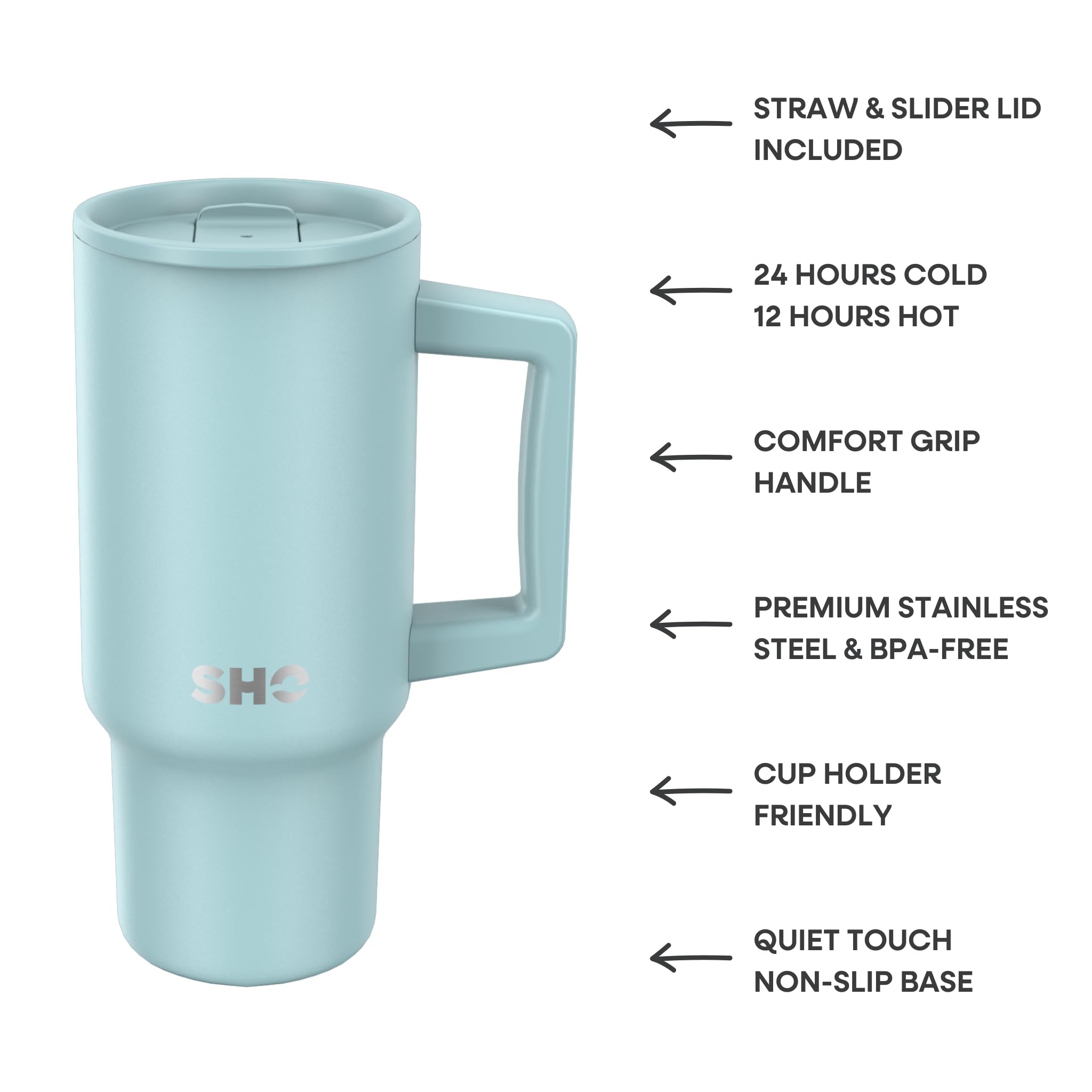 SHO XL Tumbler, Insulated Stainless Steel Reusable Water Bottle Iced Coffee Travel Mug with Handle, Straw Lid & Slider Lid - Image 2