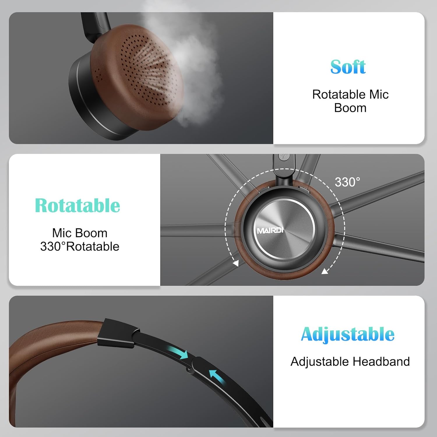 MAIRDI M890DBTC headset comfort features: soft earpads, rotatable mic, adjustable headband