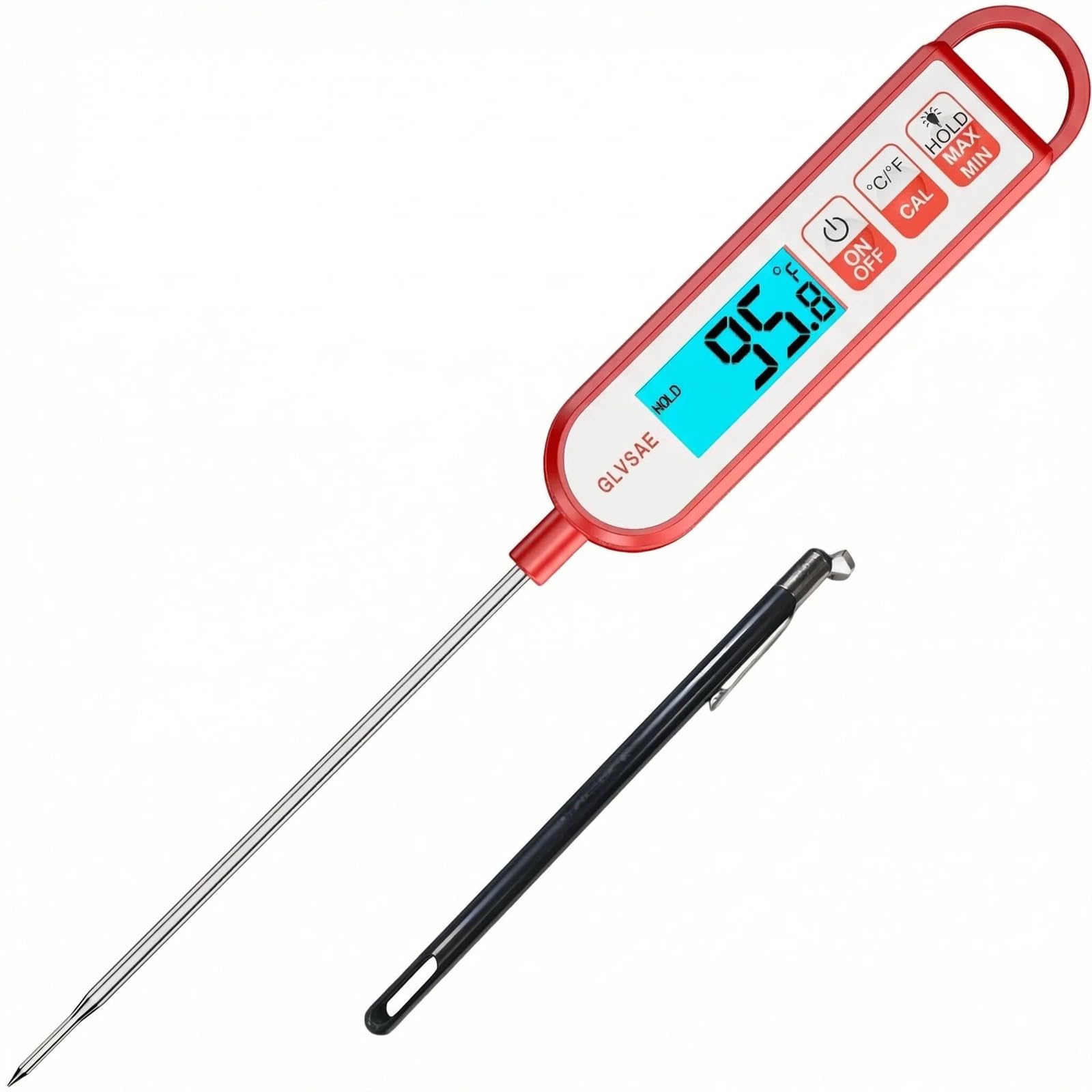 GLVSAE - Termometro digitale a lettura istantanea per carne, impermeabile, con sonda lunga 13 cm, per la misurazione della temperatura di alimenti, caramelle, barbecue, liquidi e carne, colore: rosso