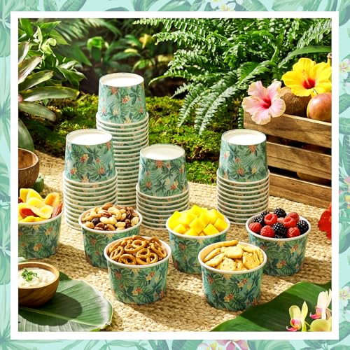 Image of Funnymoom 50 Pack Hawaiian Luau Ice Cream Cups 9 oz Aloha Tropical Palm Leaves Disposable Dessert Bowls Hawaii Paper Soup Bowls Snack Cups for Hot or Cold Food for Summer Beach Birthday Party Supplies