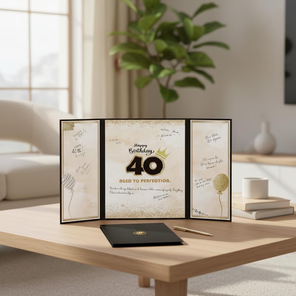 40th Birthday Guest Book – Foldable Black and Gold Sign-in Poster Board Keepsake for Men or Women – Spark Foil Printed Gift – 12x18 Inch Display – Aged to Perfection – Pen Not Included - Image 4