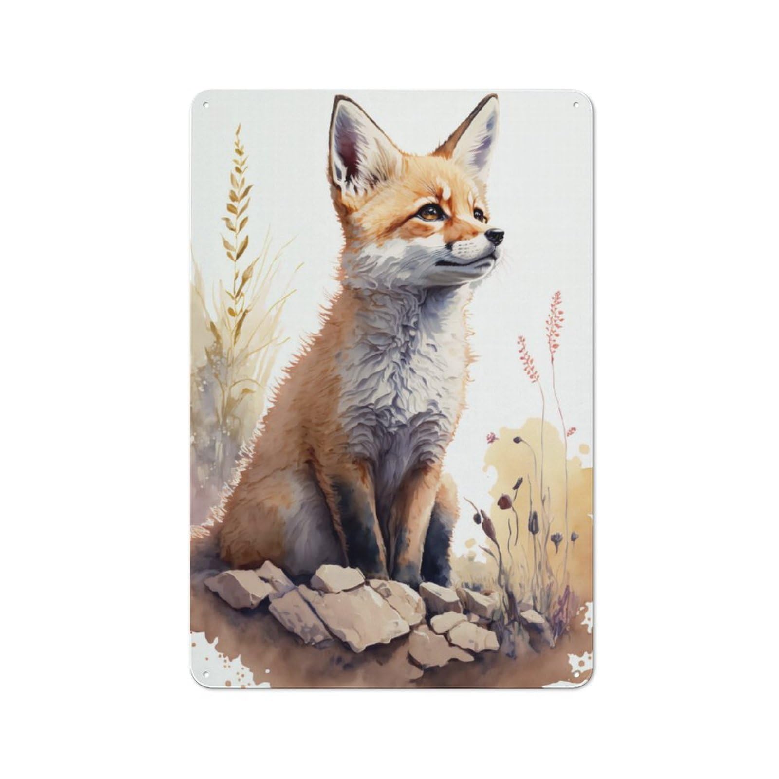Cute Baby Fox Painting Farmhouse Metal Sign 30x20cm, Barn Style Rustic Kitchen Decor for Cottage, Kitchen, Hallway Or Breakfast Nook