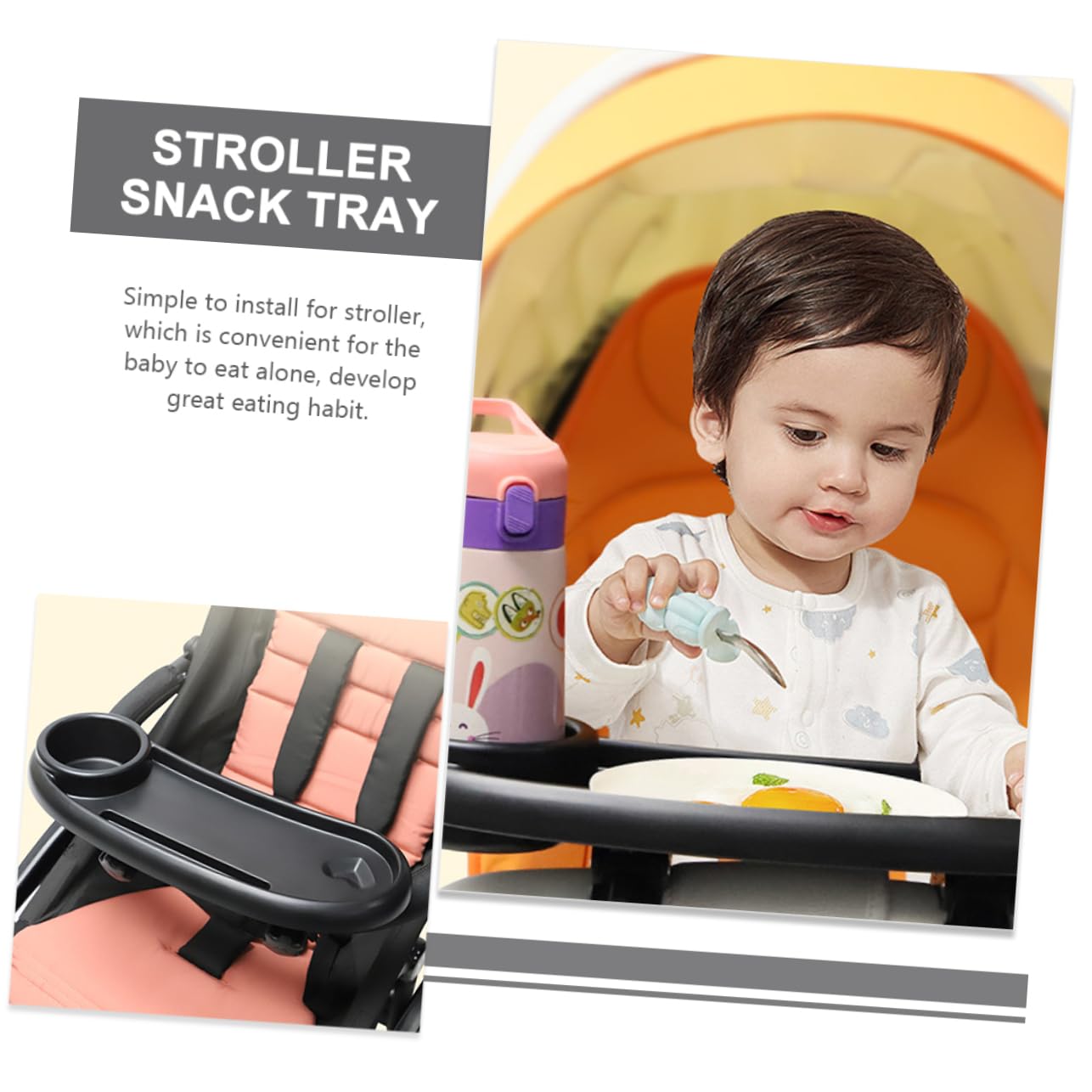 Accessoire Plateau Sécurisé Pratique avec Porte-gobelet Noir et Amovible Repas en Plastique pour Poussette Bébé pour Collation Promenade
