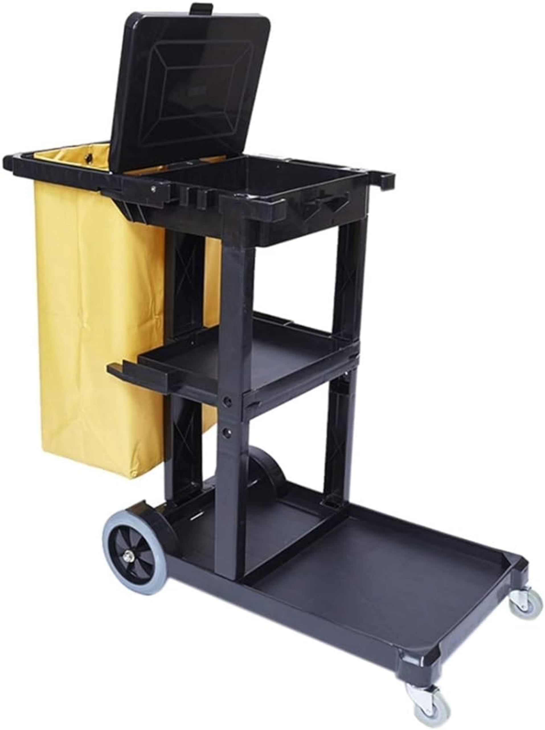 Amber Home Janitorial Cart Utility Cart Housekeeping Cart with Lid & Detachable Bag Heavy Duty 3 Shelf Cleaning Cart Cleaning Trolley for Restaurant, Hotels, Commercial, Industrial & Hospitality Black