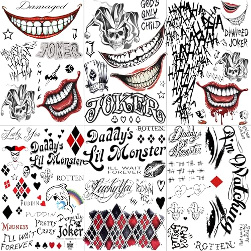 VANTATY 6 Sheets 3D Joker Tattoos For Men Adults Women, Halloween Temporary Tattoos For Women Girls Boys, Fake Tattoo Stickers Halloween Face Makeup Kit Cosplay Costume, Gothic Damaged Joker Tattoo