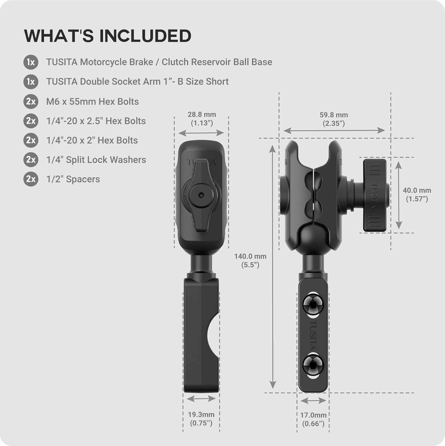 TUSITA Motorcycle Mount Brake Clutch Reservoir Ball Base B Size 1", Double Socket Arm - B Size Short