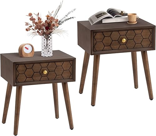 Miniatura 27 de COSIEST Mesita de noche, mesa auxiliar rústica con 3 cajones, mesita de noche de madera vintage con patas sólidas, mesa auxiliar moderna para Patrón