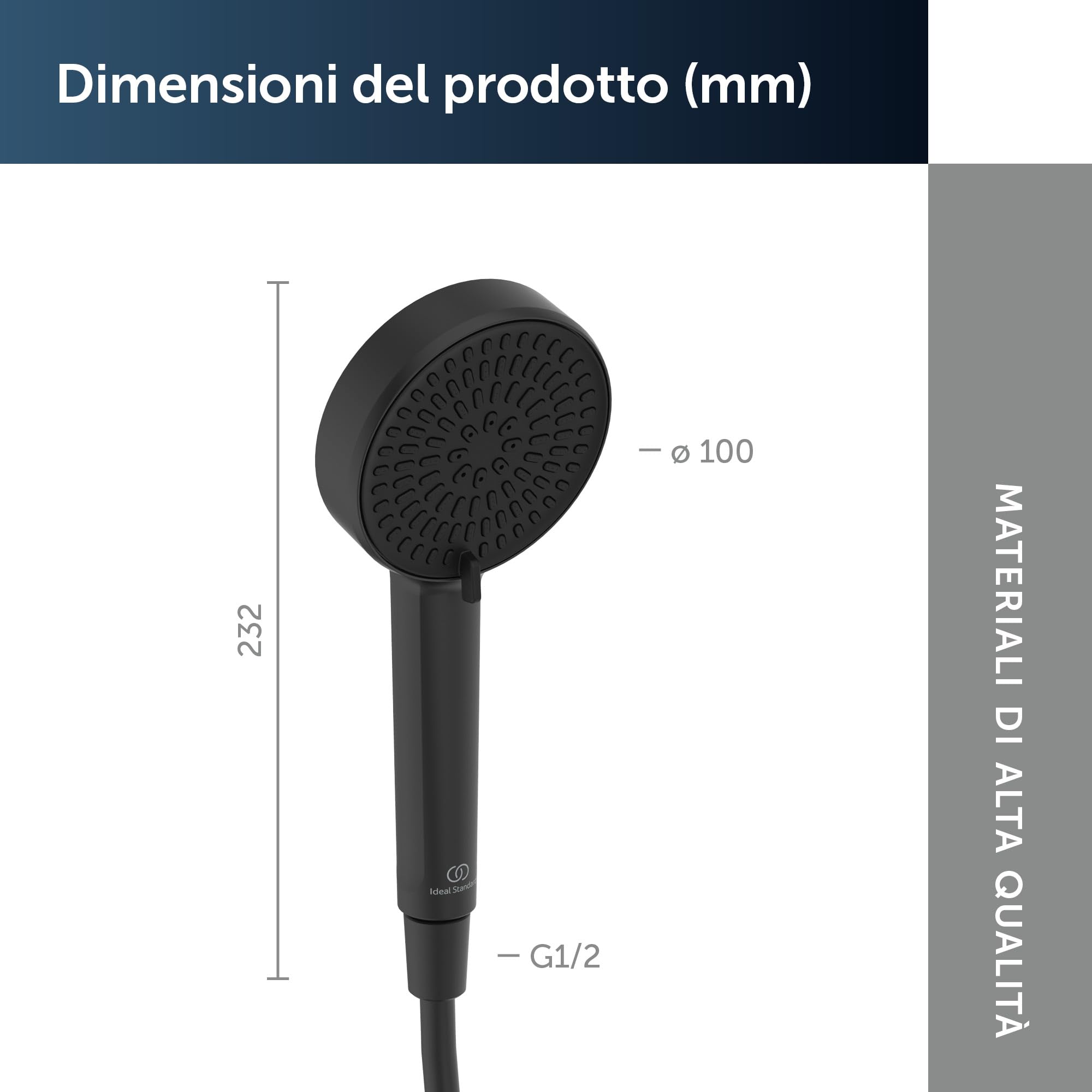 Ideal Standard Idealrain Alu+ Doccetta multifunzione, con due tipi di getto tramite selettore rotante, soffione doccia a risparmio idrico con ugelli EasyClean – Nero Opaco (100x56x232 mm)