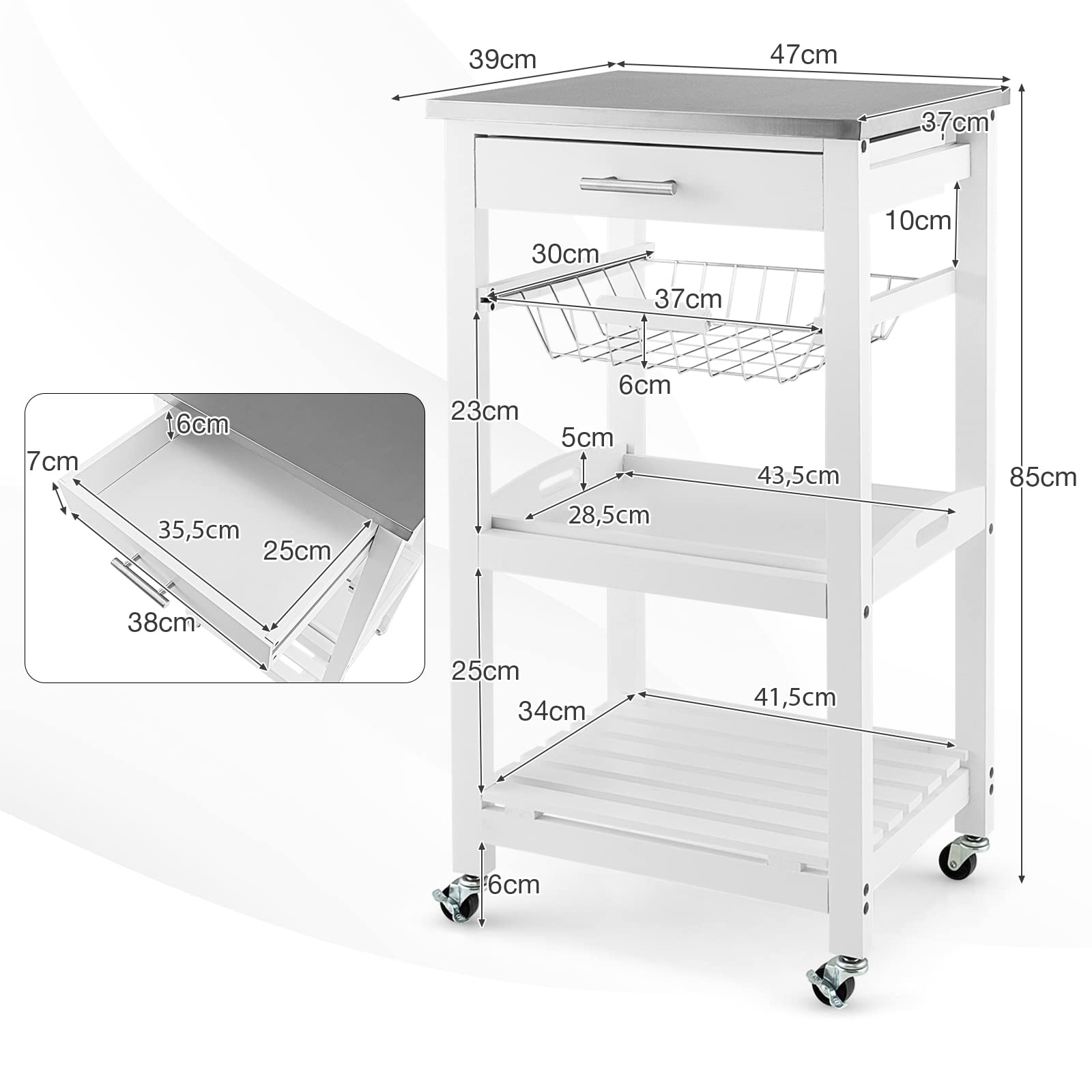 COSTWAY Carro de Servicio de 4 Niveles, Isla de Cocina Rodante con Encimera de Metal, Cajón Extraíble y Cesta de Alambre de Malla, Carro de Bar Móvil para Cocina Comedor, Blanco, 47x39x85 cm (Blanco)