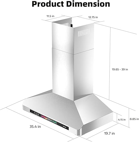 Miniatura 9 de BRANO Campana extractora de montaje en pared de 36 pulgadas, 900 CFM con control de voz, gestos, táctil, ventilación de campana de cocina de acero