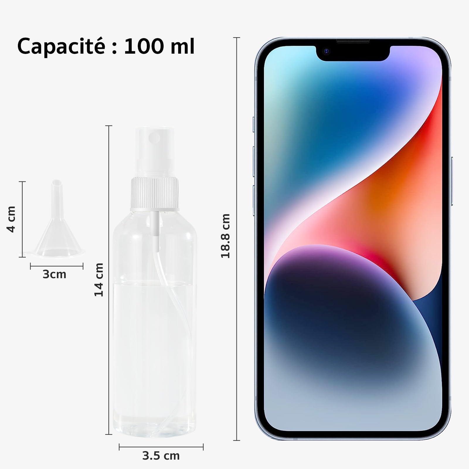 10 sztuk małych butelek z rozpylaczem, 100 ml, rozpylacz, puste butelki z rozpylaczem, z 2 lejkami i etykietą, butelka z rozpylaczem, pusta, plastikowy rozpylacz perfum – do podróży samolotem lub do