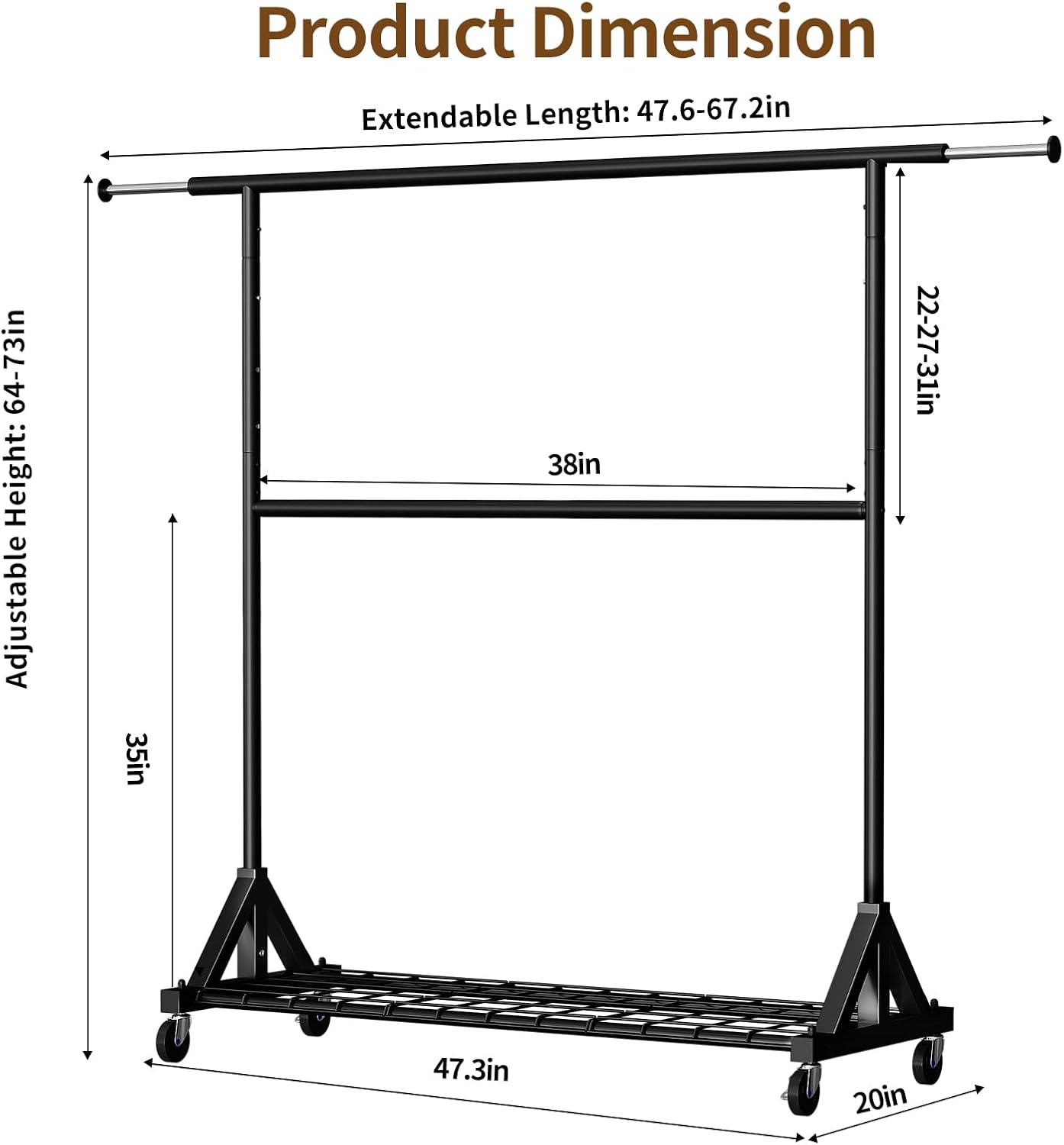 Luxspire Heavy Duty Clothes Rack Load 600 LBS, Double Rod Clothing Rack, Rolling Garment Racks with Lockable Wheels, Shelves, Adjustable Laundry Hanging Racks for Clothes, Black