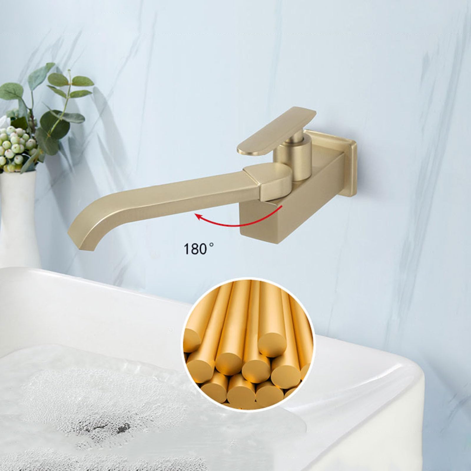 Rubinetto a Cascata per Lavabo da Muro Oro Spazzolato 180° Rotazione Miscelatore Solo Acqua Fredda per Bagno,Oro Spazzolato
