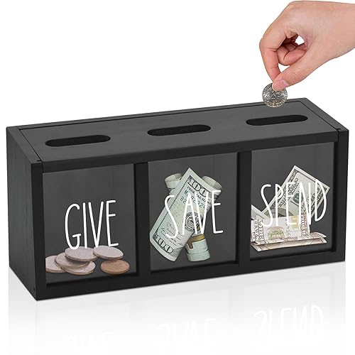 Wooden Give Save Spend Money Saving Box for Kids, Countertop