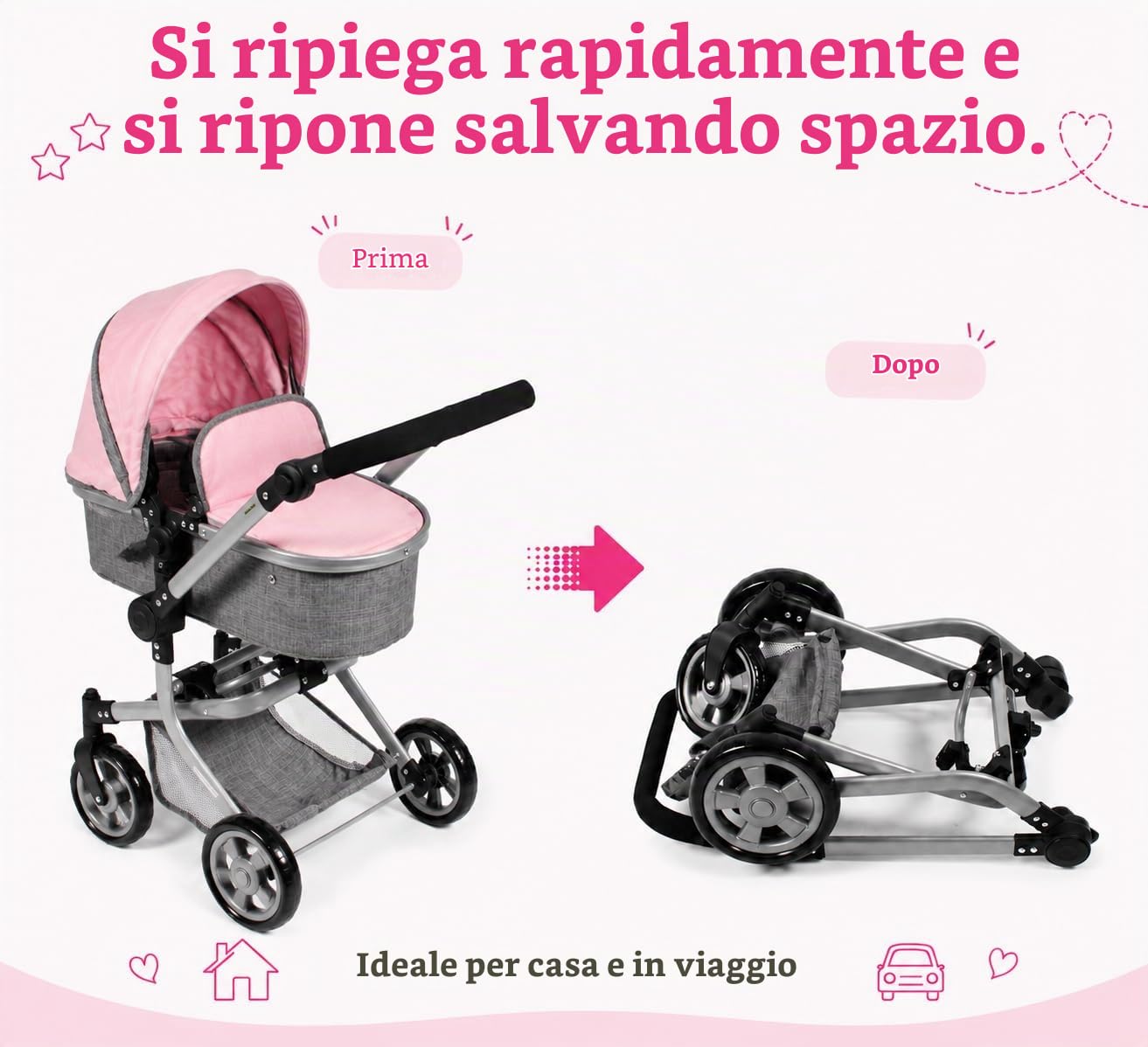 Bayer Chic 2000 - Passeggino per bambole Mika, 2 in 1 per bambini dai 4 agli 8 anni, grigio melange rosa, 73 x 41 x 82 cm