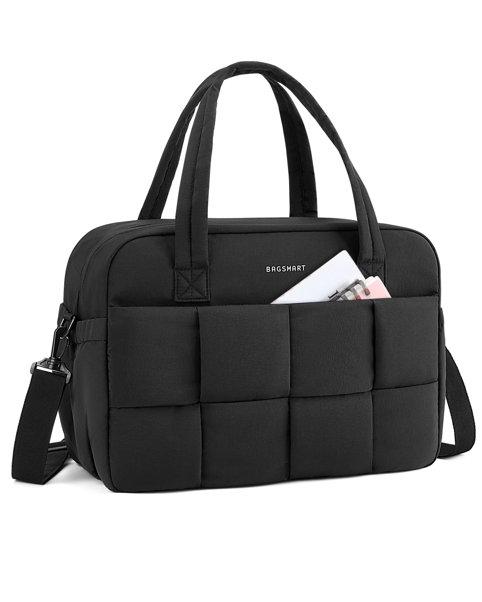 BAGSMART Sporttasche Damen, 29L Puffer Reisetasche für unterwegs mit Laptopfach, Wochenendtaschen für Damen, Handgepäck Reisetasche für persönliche Gegenstände, Schwarz