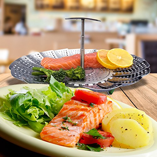 Kitchen Deluxe Vegetable Steamer Basket - With Extendable Handle - Large - Fits Instant Pot Pressure Cooker 5, 6 Qt & 8 Quart - 100% Stainless Steel - Accessories Include Ebook + Peeler | For Instapot #TOP6