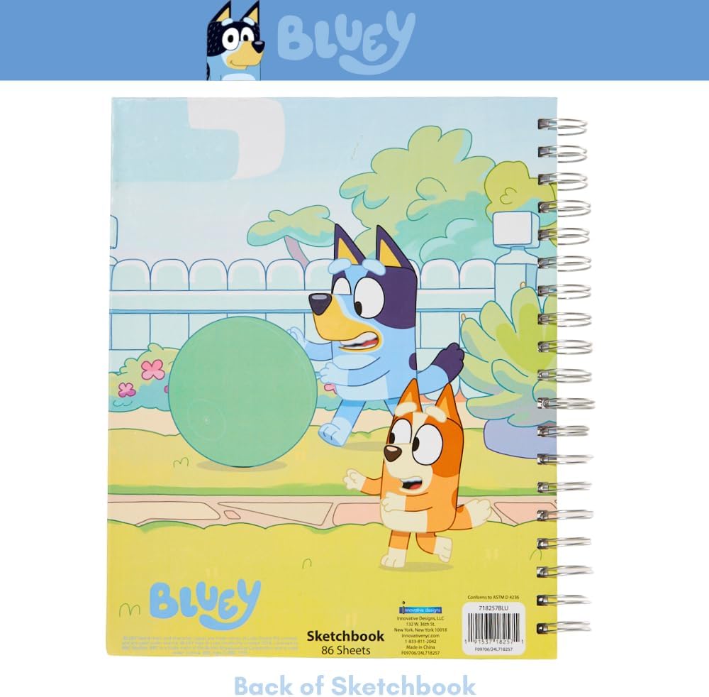 Innovative Designs Bluey Sketchbook for Kids with Washable Markers, 86 Blank Pages Spiral Bound, Blue