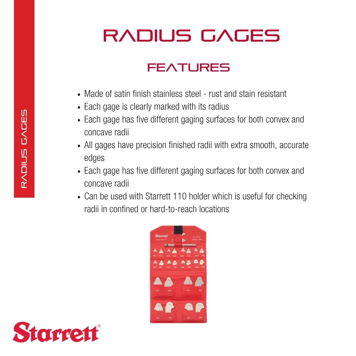 Starrett SD167GHZRadius - Calibre de radio con soporte, rango de 0,010 a 0,0500 pulgadas, incrementos de 0,005, 0,010 pulgadas, 0,020 pulgadas y 0,050 pulgadas, 26 calibres