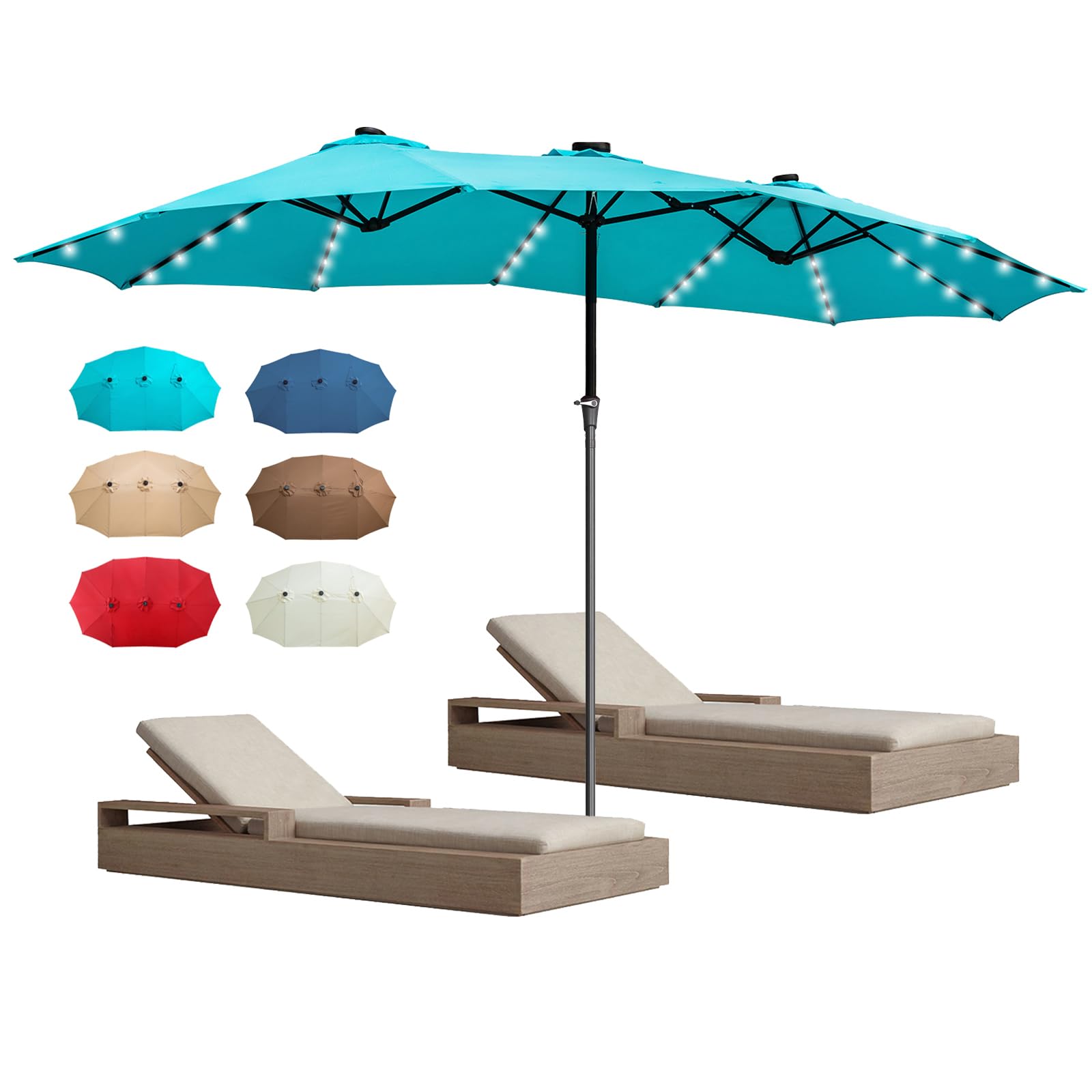15 Ft Large Patio Umbrellas with 48 Solar LED Lights, Double-Sided Extra Large Outdoor Table Market Umbrellas with Crank