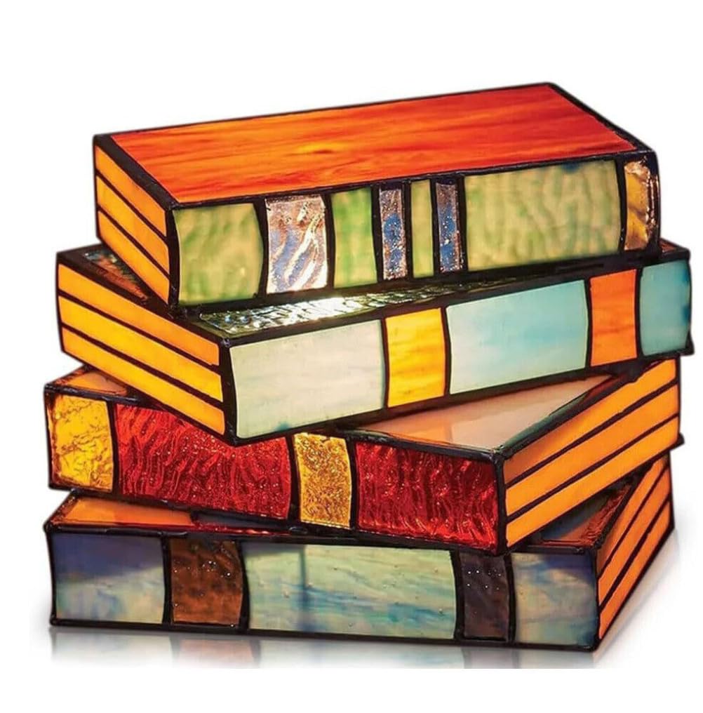 anso Stained Glass Stacked Books Lamp Desk Light Ornament Desktop Decoration Resin