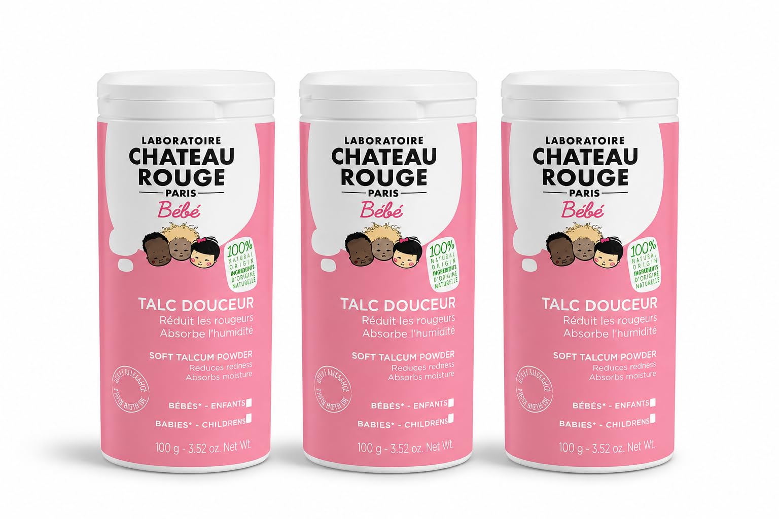 Laboratoire Château Rouge Bébé – Lot de 3 Talcs Douceur 100 g – Talc Bébé Naturel – Absorbe l'Humidité – Réduit les Sensations d'Inconfort Liées aux Rougeurs – Dès la Naissance