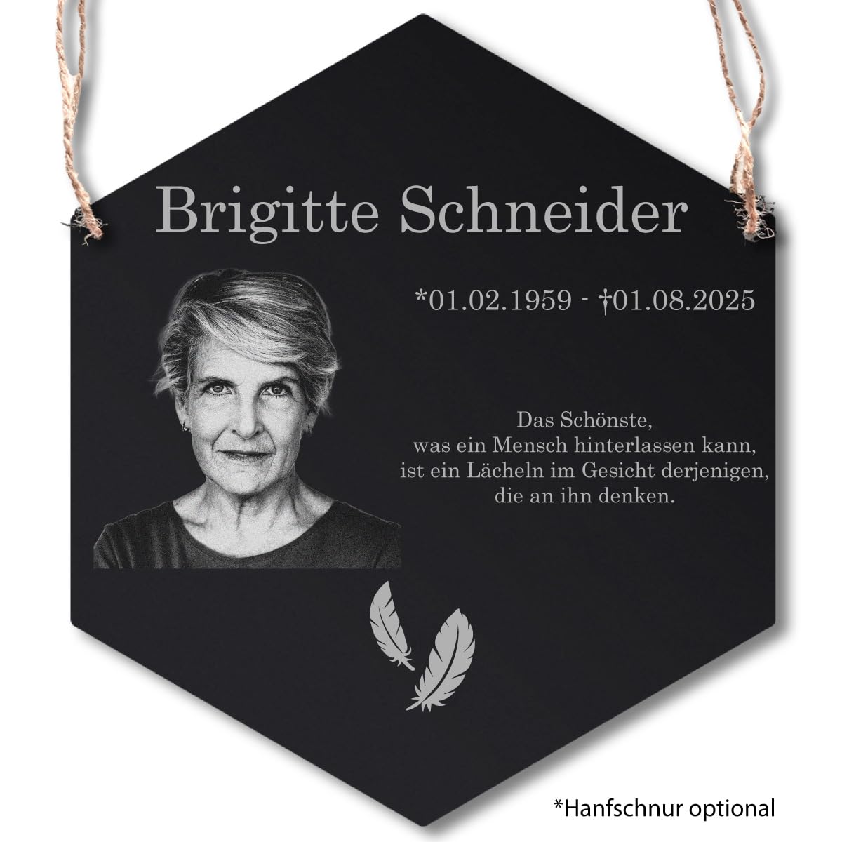 Personalisierter Sechseck Grabschmuck mit Foto Gravur - Acrylglas Schwarz Hochglanz 260 x 300 mm - wetterfest und wasserfest für Draußen und Innen, für Opa, Oma, Mama, Papa und Verstorbene
