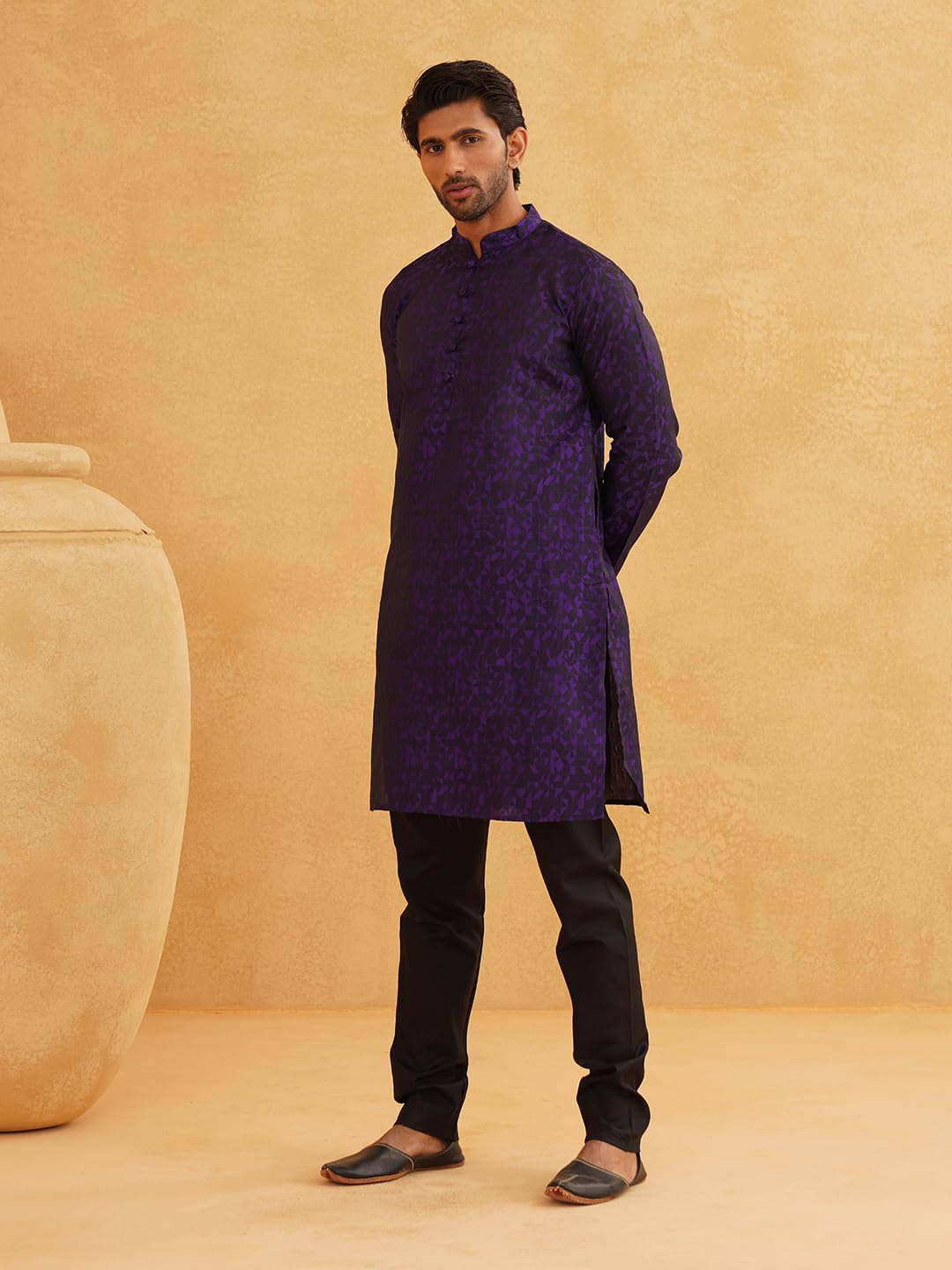 Sojanya (Since 1958 Men's Jacquard Silk Geometric Violet Only Long Kurta
