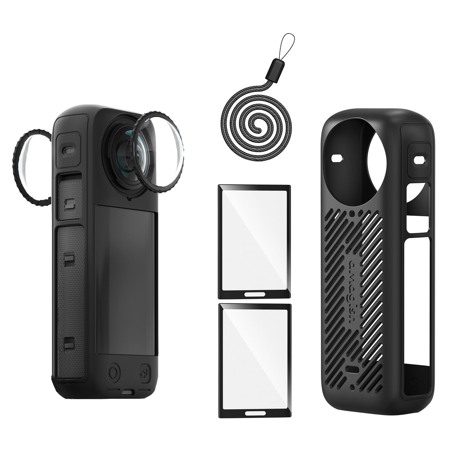 debous Insta 360 x4 Silicone Case with Strap Lens Guard Set Screen Protector for Insta360 X4 X 4 Accessories Kit Soft Bag Sleeve Cover (Black)