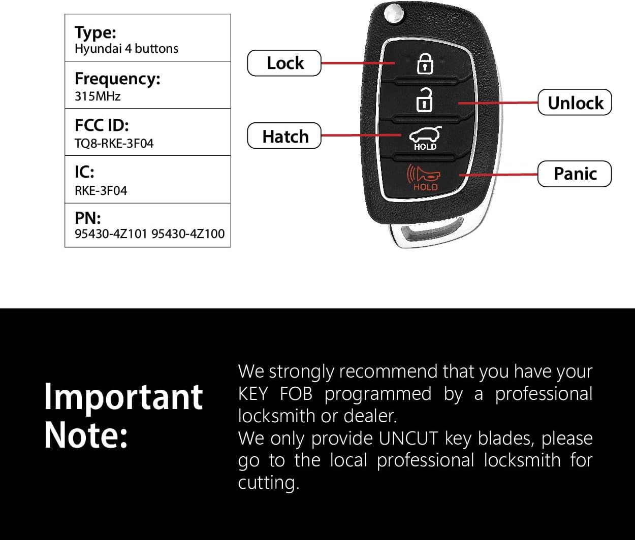 Replacement for 2013 2014 2015 2016 Hyundai Santa Fe Key Fob Remote Control TQ8-RKE-3F04 4 Buttons 315MHz