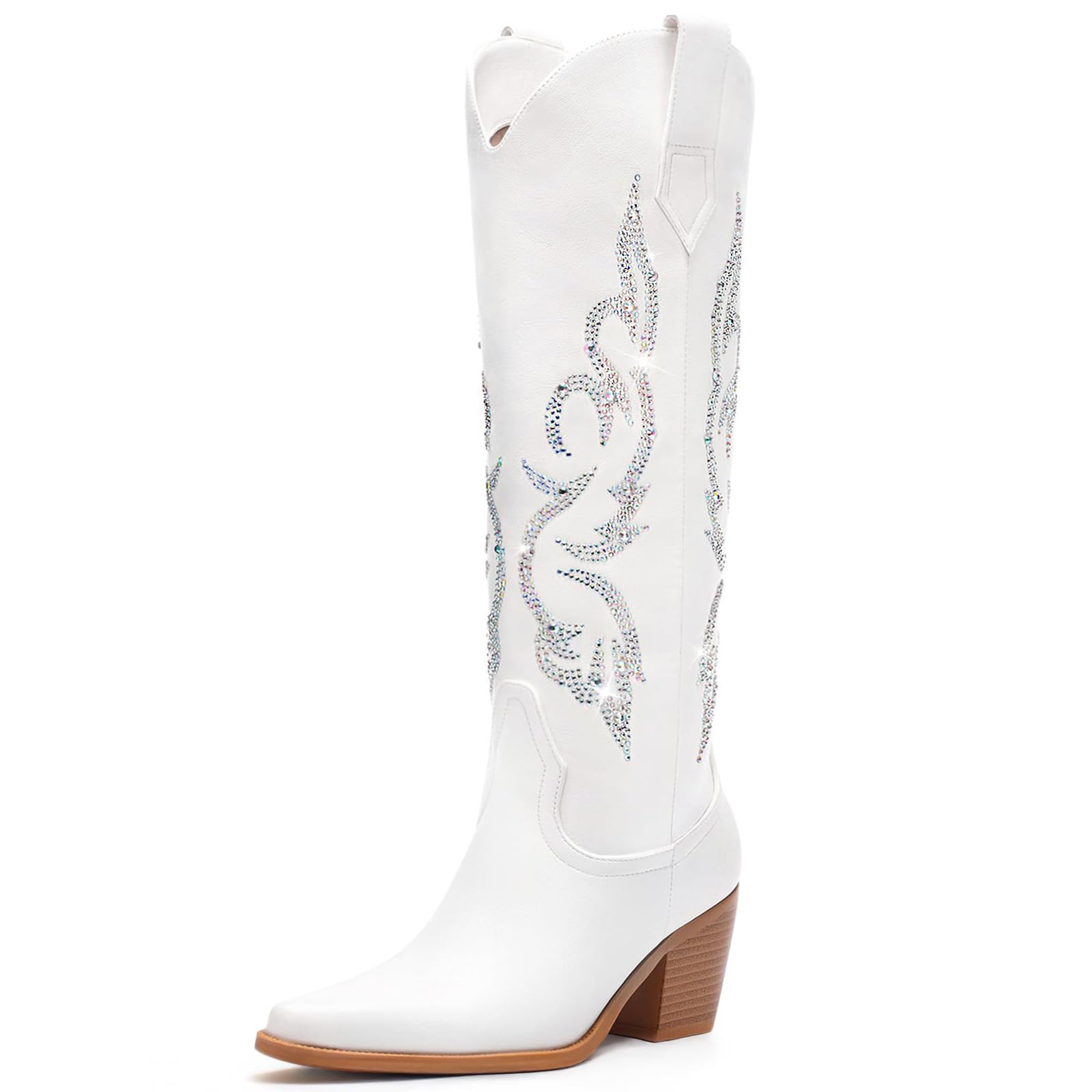 White Cowboy Boots for Women - Wide Calf Rhinestone Cowgirl Boots, Women Knee High Western Boots, Glitter Sparkly Ladies Tall Boots with Classic Embroidery and Side Zipper, Retro Classic Country Boots Pull On for Ladies