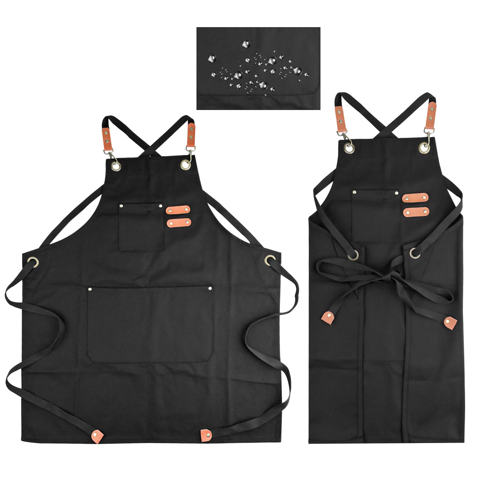 Comzantor Delantal Cocina, Impermeable Delantales de Lona, Mandil Cocinero Unisex, Ajustable Mandiles con 3 Bolsillos, Delantal Trabajo, Canvas Apron, para Barbacoa, Jardinería, Pintura (Negro)