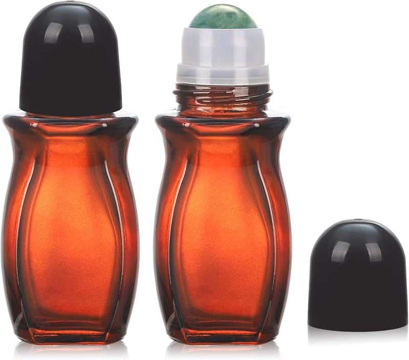 RAMFIYN Frascos Roll-on Recarregáveis de Vidro Âmbar com Esfera de Cristal Verde, 50 mL, Pacote com 2