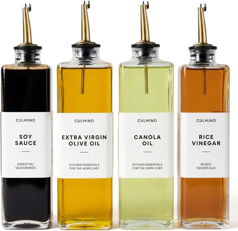 Premium Glass Olive Oil Dispenser Bottle 350ml | Cooking Oil and Vinegar Dispenser | Oil Dispenser for Kitchen with Gold Pourers, Funnel, Brush & 36 Labels (4 Pack)