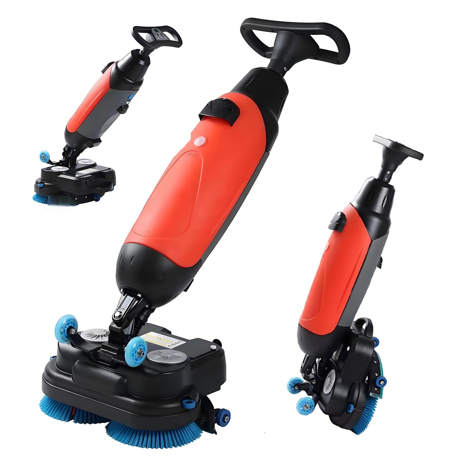 HuanSebesity Compact Walk Behind Commercial Floor Scrubber Dryer,Dual Brushes with Dual Pads & Drivers,Small Floor Scrubber,Cordless Rechargeable Lithium Battery,360°Steering for Workshops Red