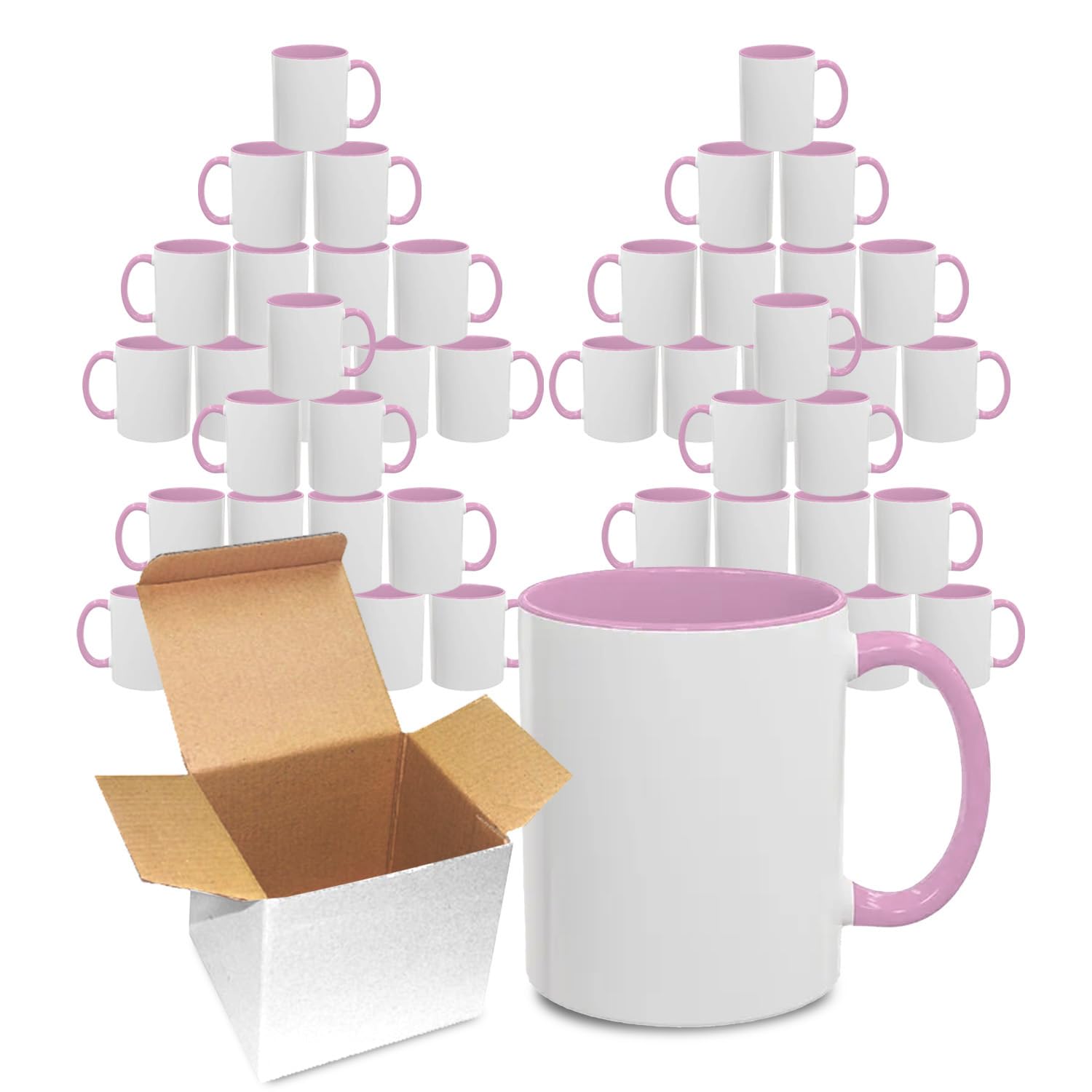 Sublimation Mugs 11oz Blank with Coloured Large Handle & Inner with Box | Durable, Ceramic Orca Finished Mugs Perfect for Custom & DIY Printing, for Loved Ones | Pink Bulk Pack of 48