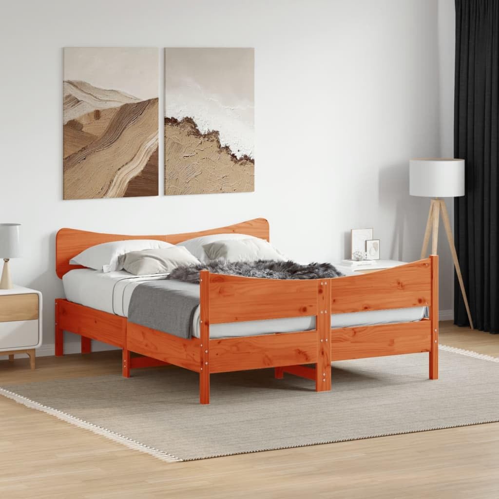 Lite drewno sosnowe rustykalny design 160 x 200 cm woskowy brąz | Rama łóżka bez materaca, woskowy brąz, 160x200 cm, lite drewno sosnowe, listwy ze sklejki, zagłówek i podnóżek