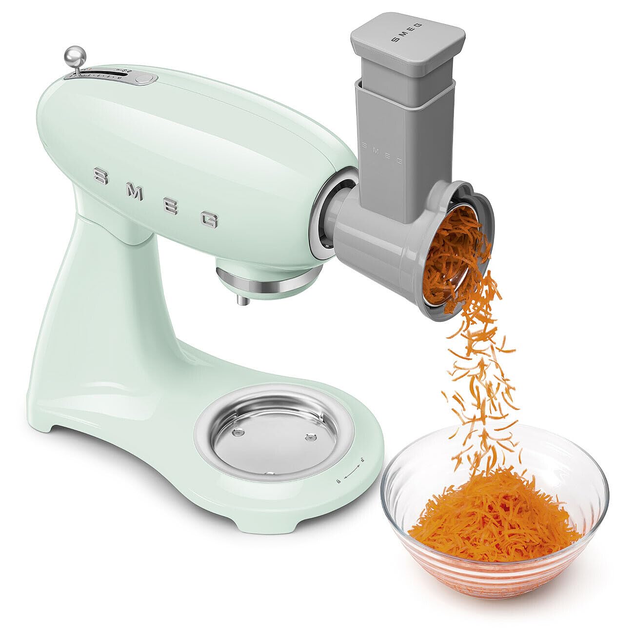 Smeg, Full Color SMF0PGREU Planetenkneter, 10 Geschwindigkeitsstufen, Smooth Start und Steady Mix Funktion, 4,8 L Schüssel, Motorblock, 3 Schneebesen und Knethaken, 800 W, pastellgrün