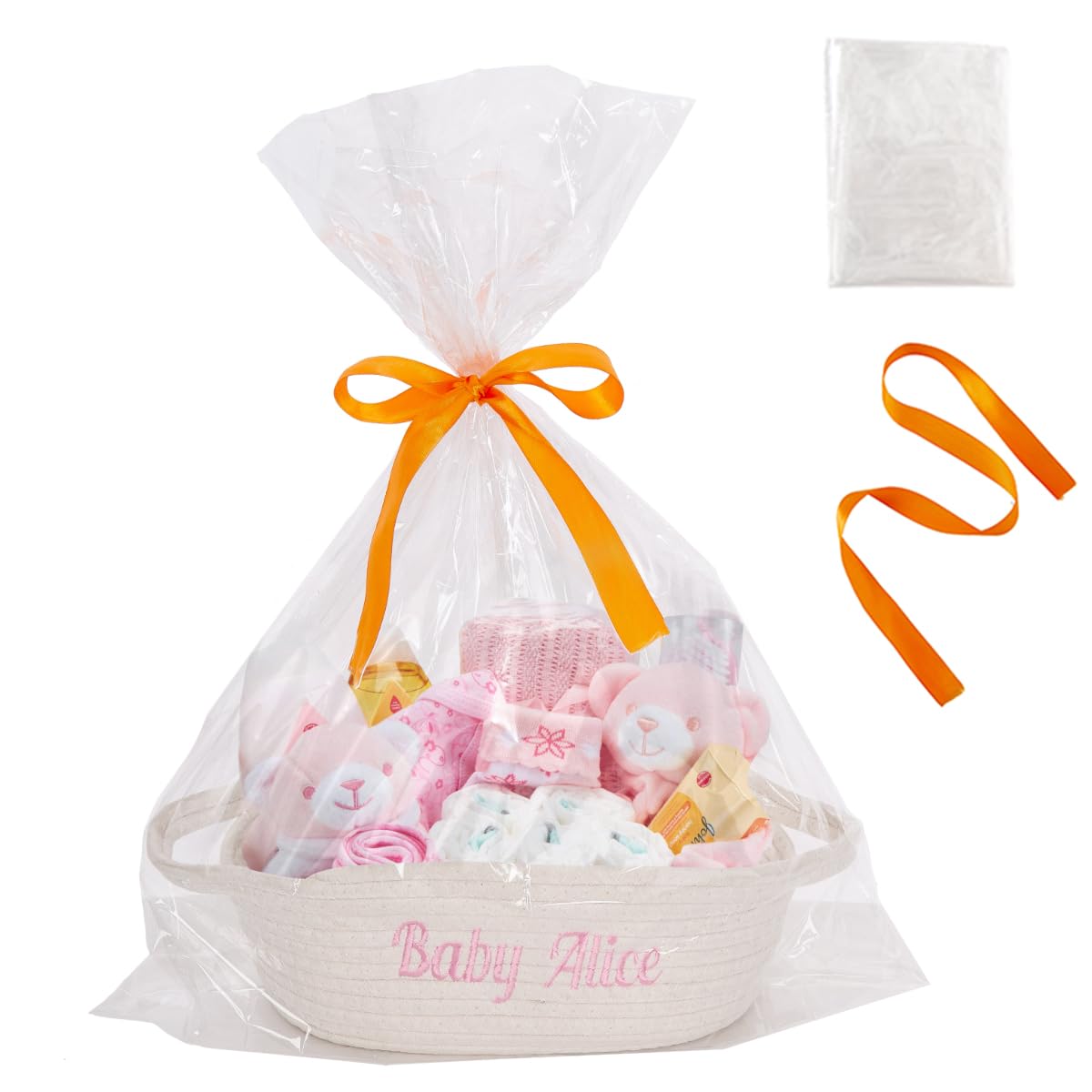 Ulico Personalized Small Woven Basket with Gift Bags and Ribbons,Cute Baby Gift Basket for Nursery, Empty Decorative Gift Box, Cotton Rope Shelf Storage Basket with Handle,Different Size White