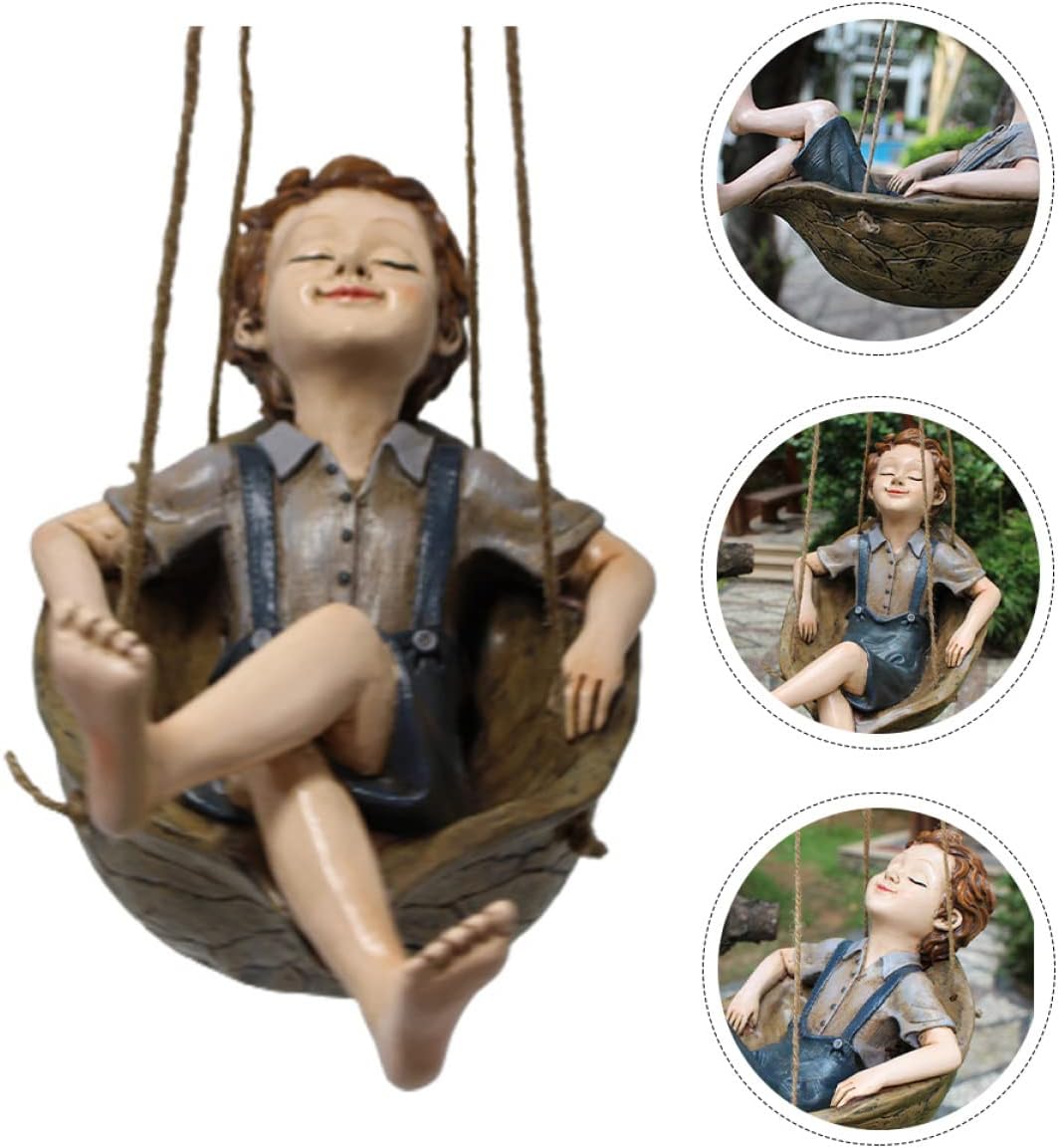 Cabilock Resin Boy Swing Ornament Hand-Painted Walnut Hanging Decor for Garden Outdoor Pendant for Fairy Tale Home Decoration