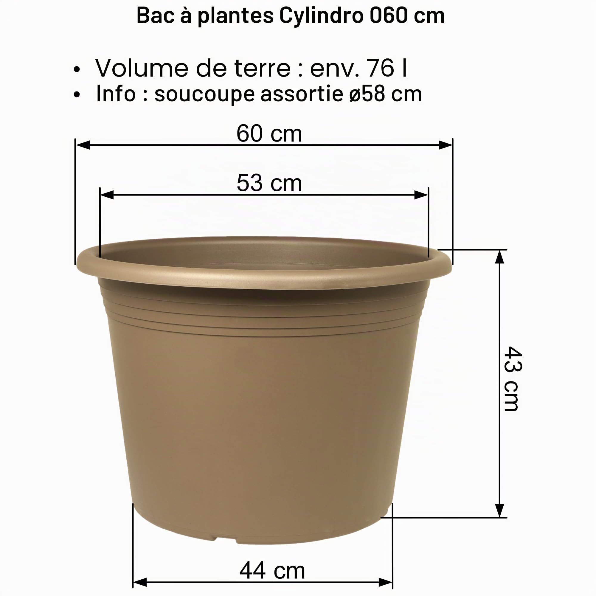 MePla - Pot de fleurs bac à plantes Cylindro ø60 cm + soucoupe ø58 cm, Taupe, résistant aux intempéries en plastique résistant aux UV