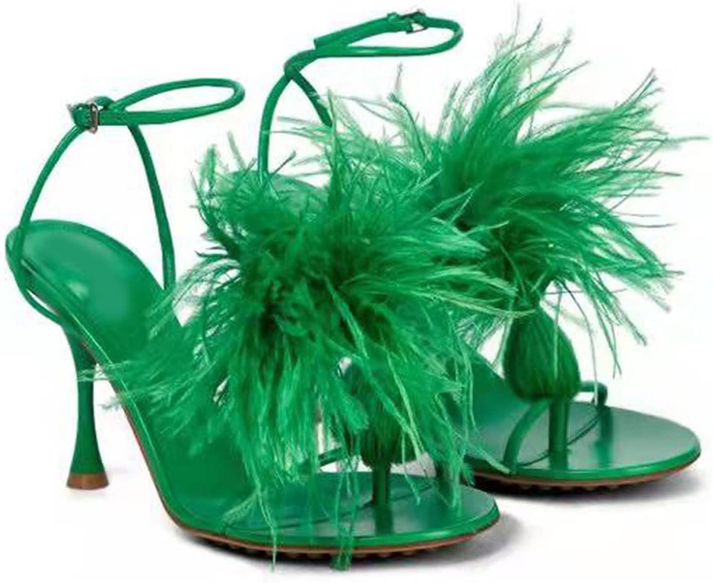 VELOMYVELOMY White Heels Women's Ostrich Feather Heel Sandals, Designer Party Shoes, Designer Flip-flops (Color : Green, Size : CHINA_40)