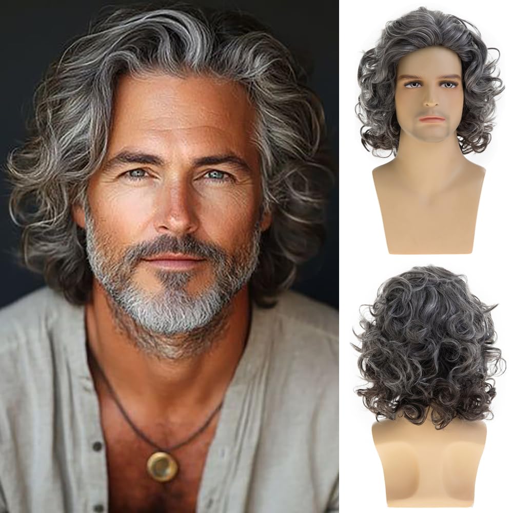 Dsimeig Mens Short Curly Wavy Wig Mixed Grey Fluffy Cosplay Costume Hair, GreyWhite, 9 pollici x 2 pollici